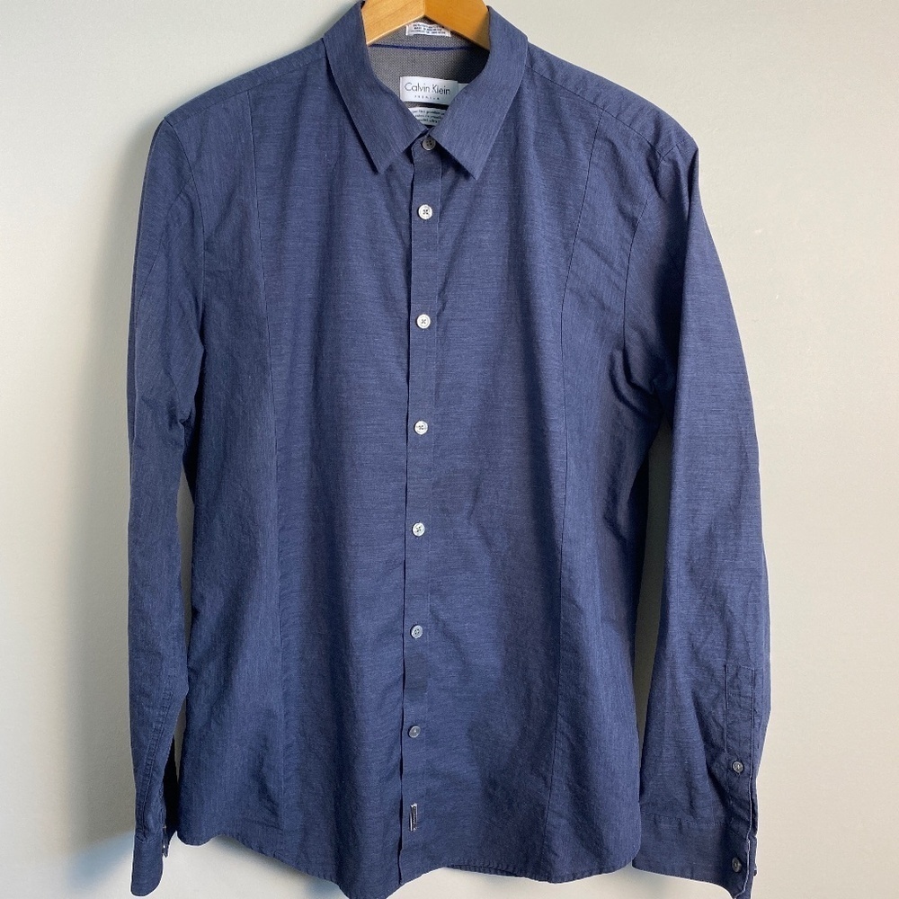 Calvin Klein Dark Navy Men's Premium Long‎ Sleeve Button Up Shirt Size Large